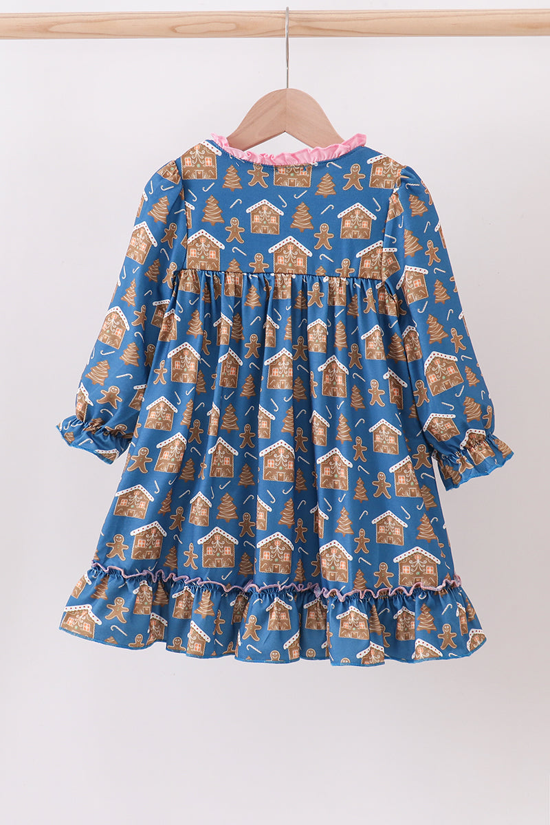 Navy gingerbread print ruffle gown
