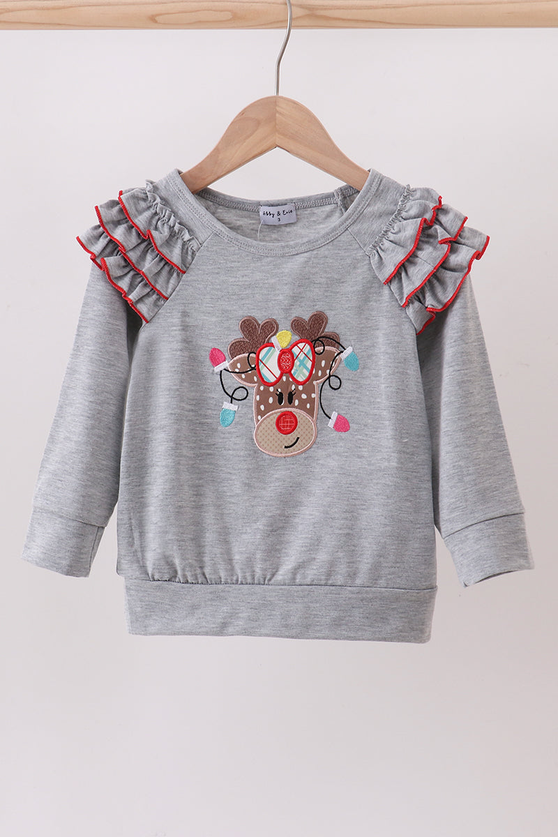 Grey reindeer applique ruffle top