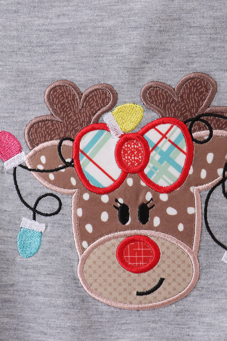 Grey reindeer applique ruffle top