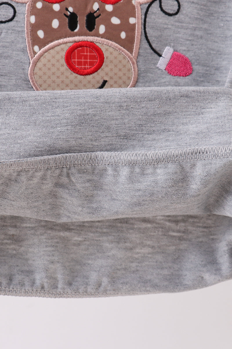 Grey reindeer applique ruffle top