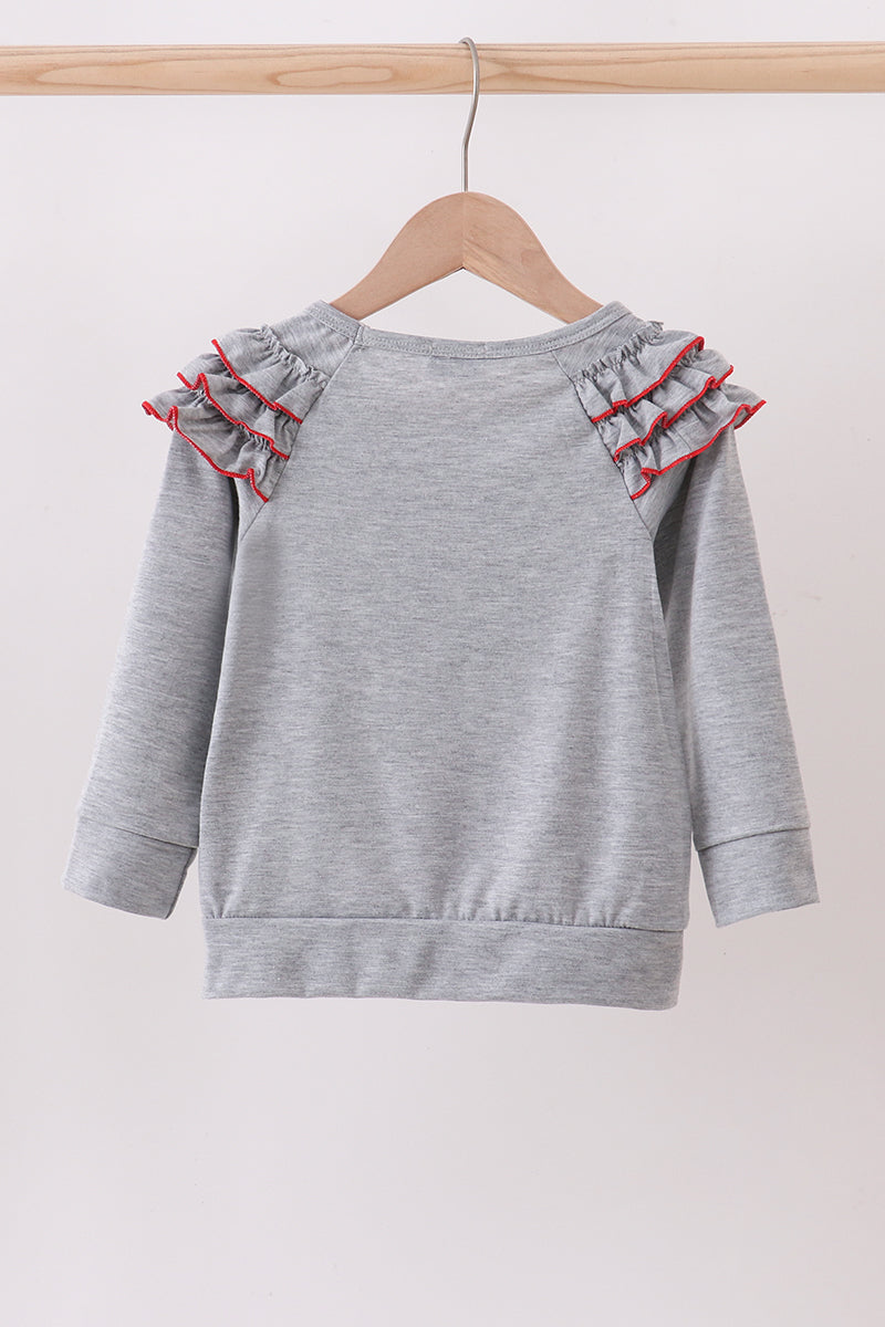 Grey reindeer applique ruffle top
