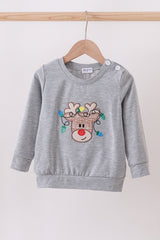 Grey reindeer applique top