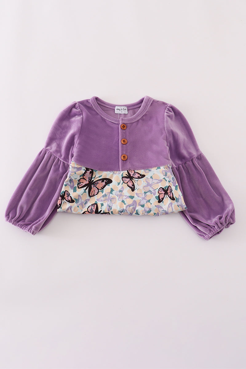 Purple butterfly print velvet dress