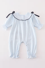 Navy nativity embroidery gingham girl romper