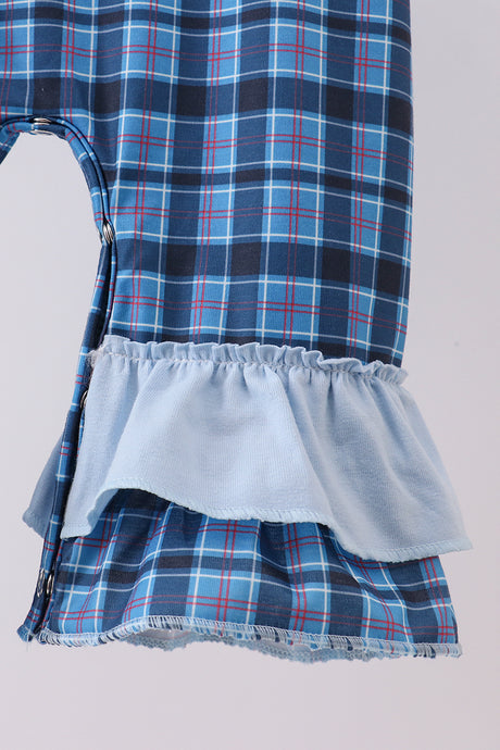 Navy nativity embroidery plaid ruffle romper