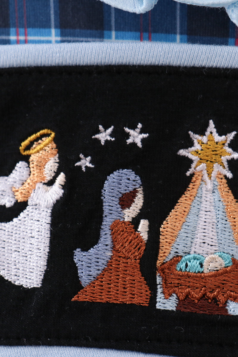 Navy nativity embroidery plaid ruffle romper