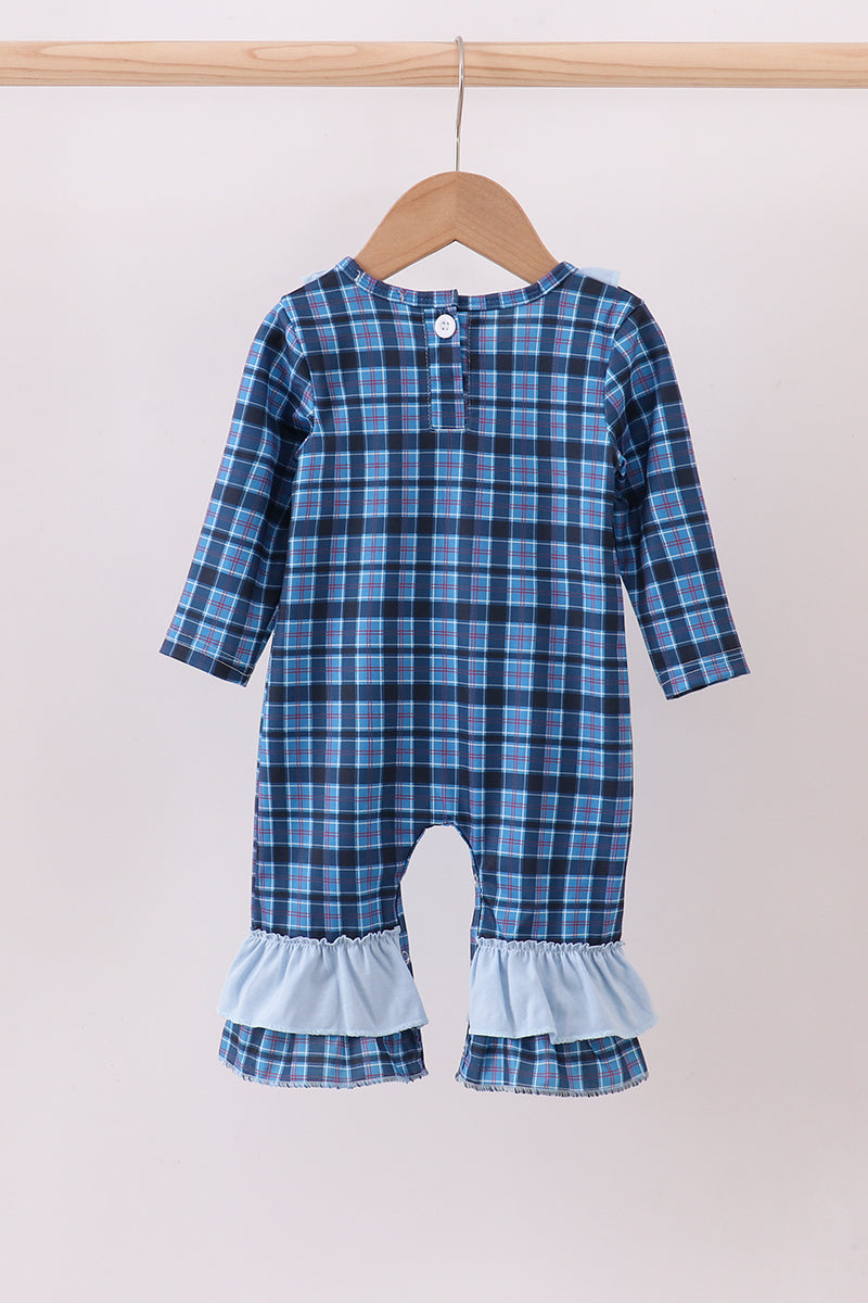Navy nativity embroidery plaid ruffle romper