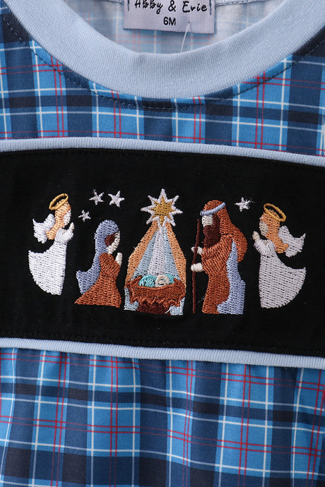 Navy nativity embroidery plaid bubble