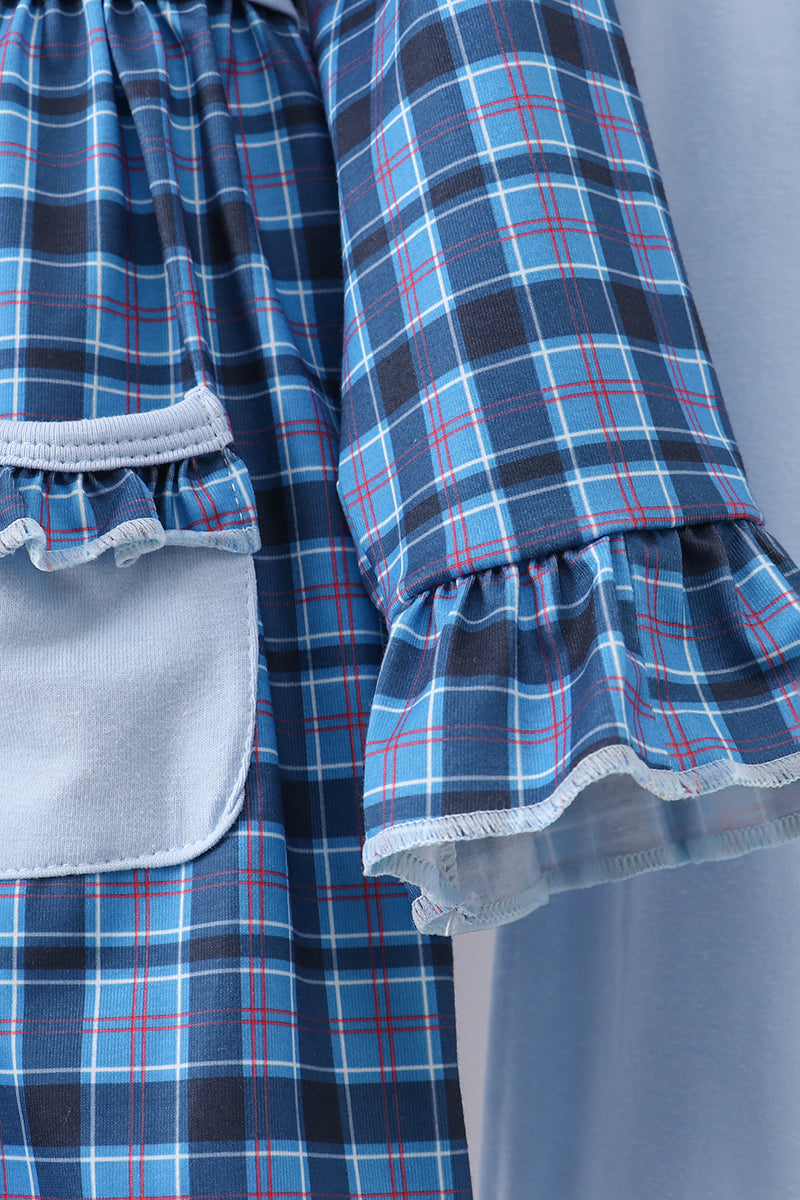 Navy nativity embroidery plaid ruffle pants set