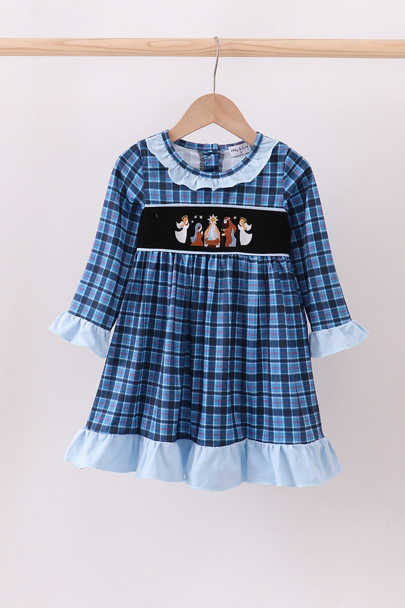 Navy nativity embroidery plaid ruffle dress