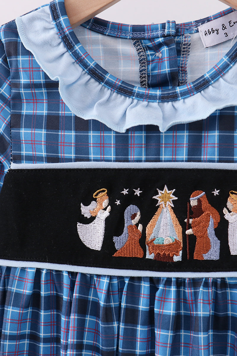 Navy nativity embroidery plaid ruffle dress