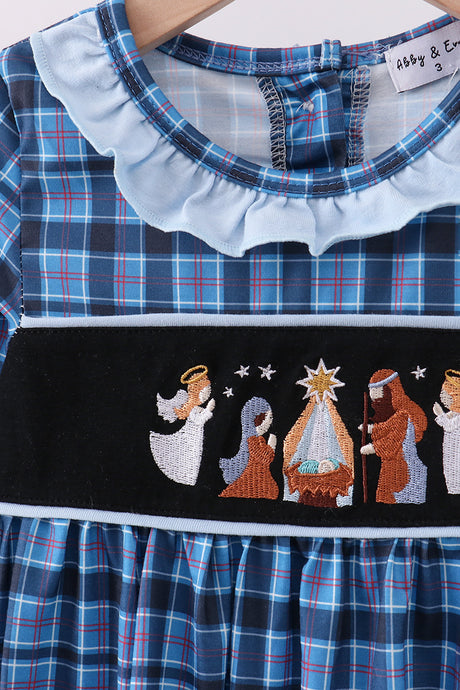 Navy nativity embroidery plaid ruffle dress