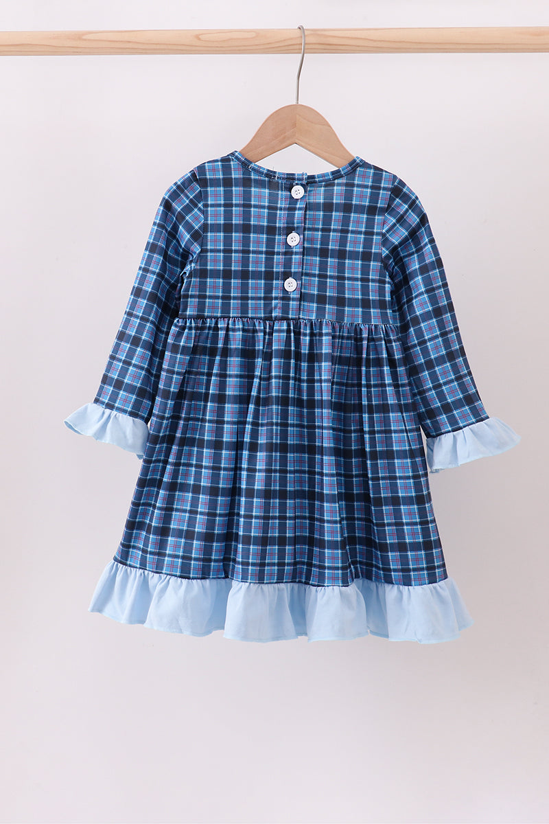 Navy nativity embroidery plaid ruffle dress