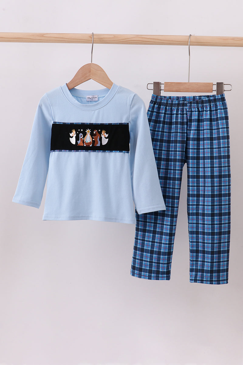 Navy nativity embroidery plaid pants set