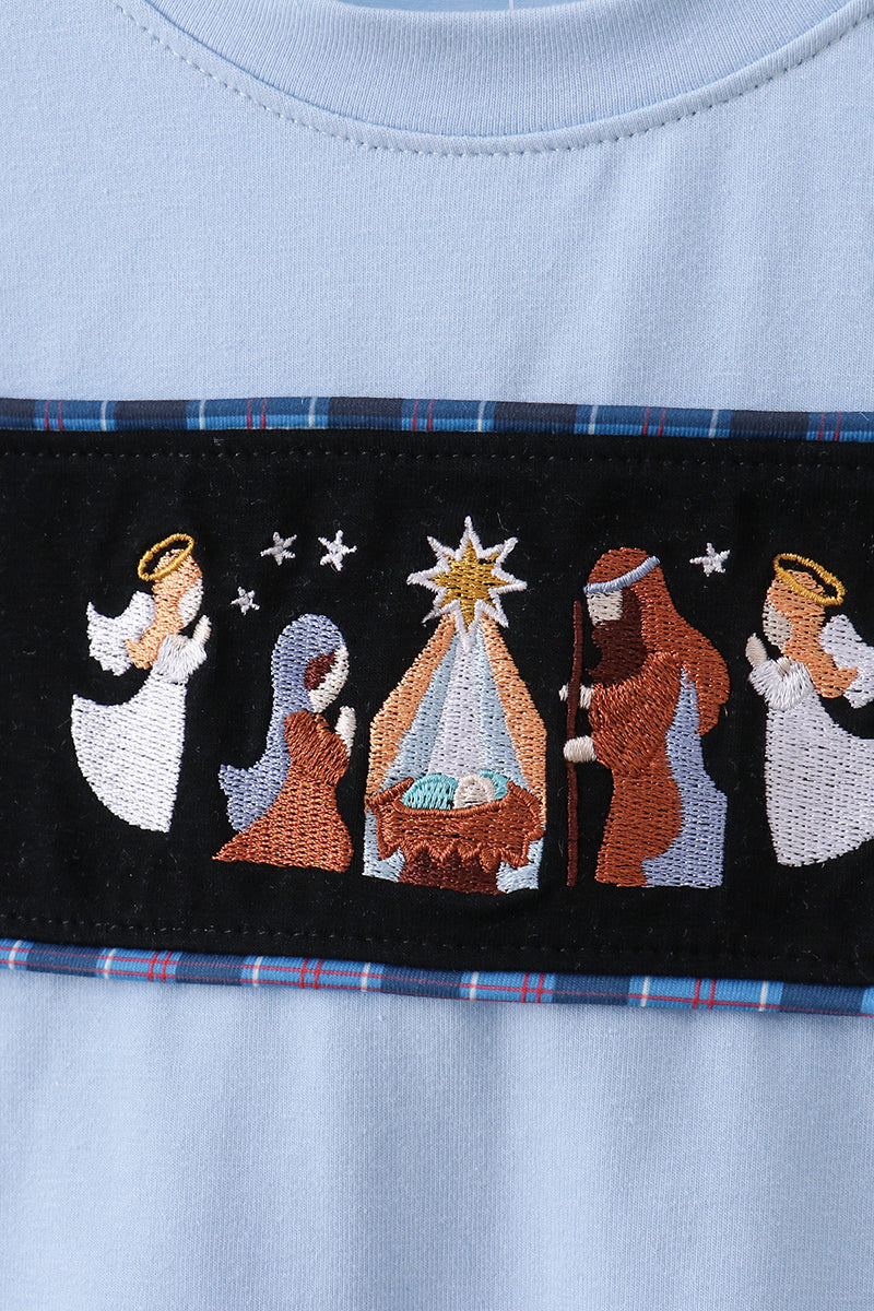 Navy nativity embroidery plaid pants set