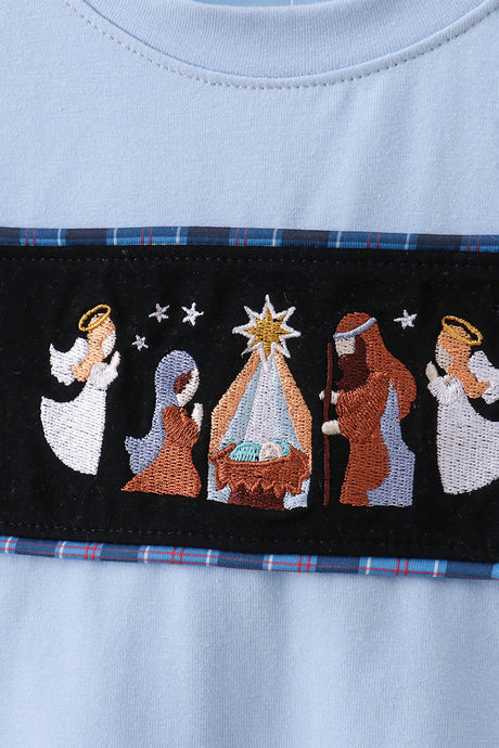 Navy nativity embroidery plaid pants set