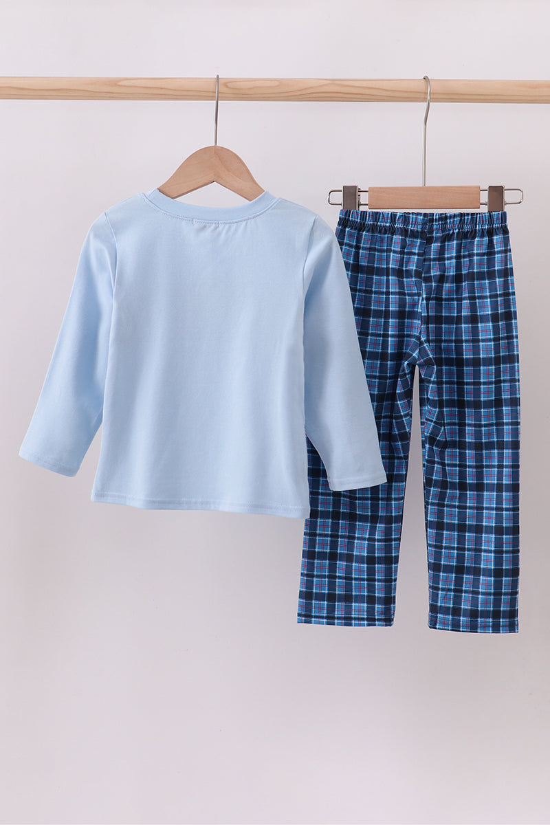 Navy nativity embroidery plaid pants set