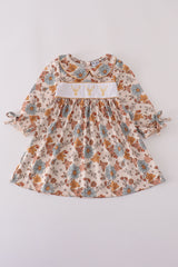 Khaki deer embroidery floral dress