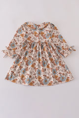 Khaki deer embroidery floral dress
