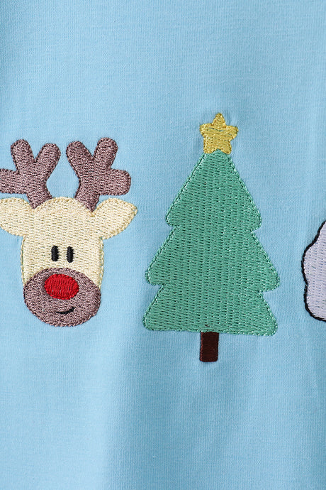 Blue deer tree santa embroidery pants set