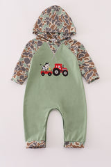 Green camouflage cow tractor applique romper