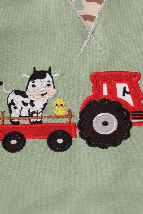 Green camouflage cow tractor applique pants set