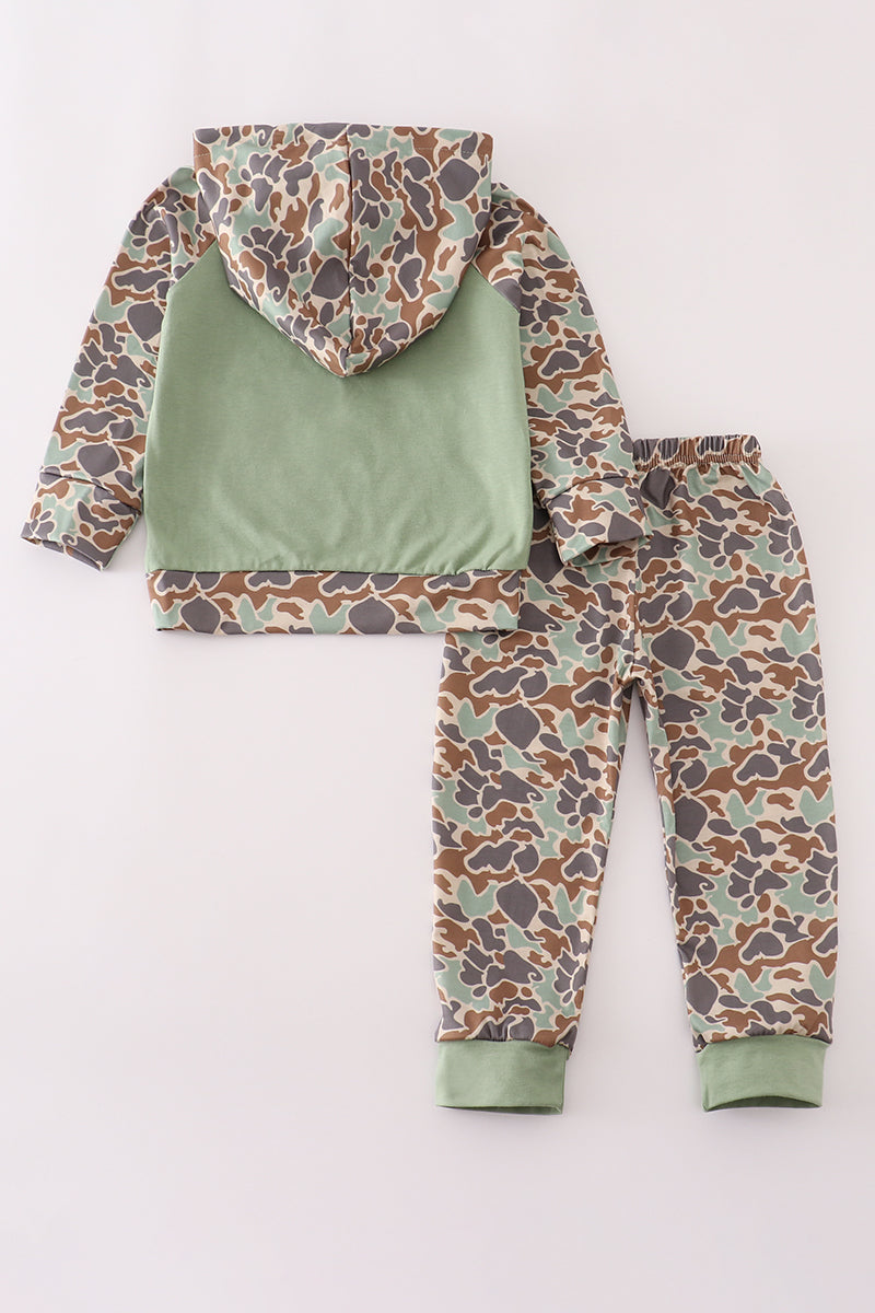 Green camouflage cow tractor applique pants set