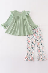 Green floral velvet ruffle set