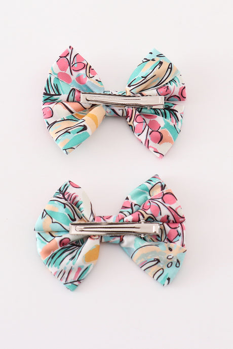 Teal floral print piggie hair bow