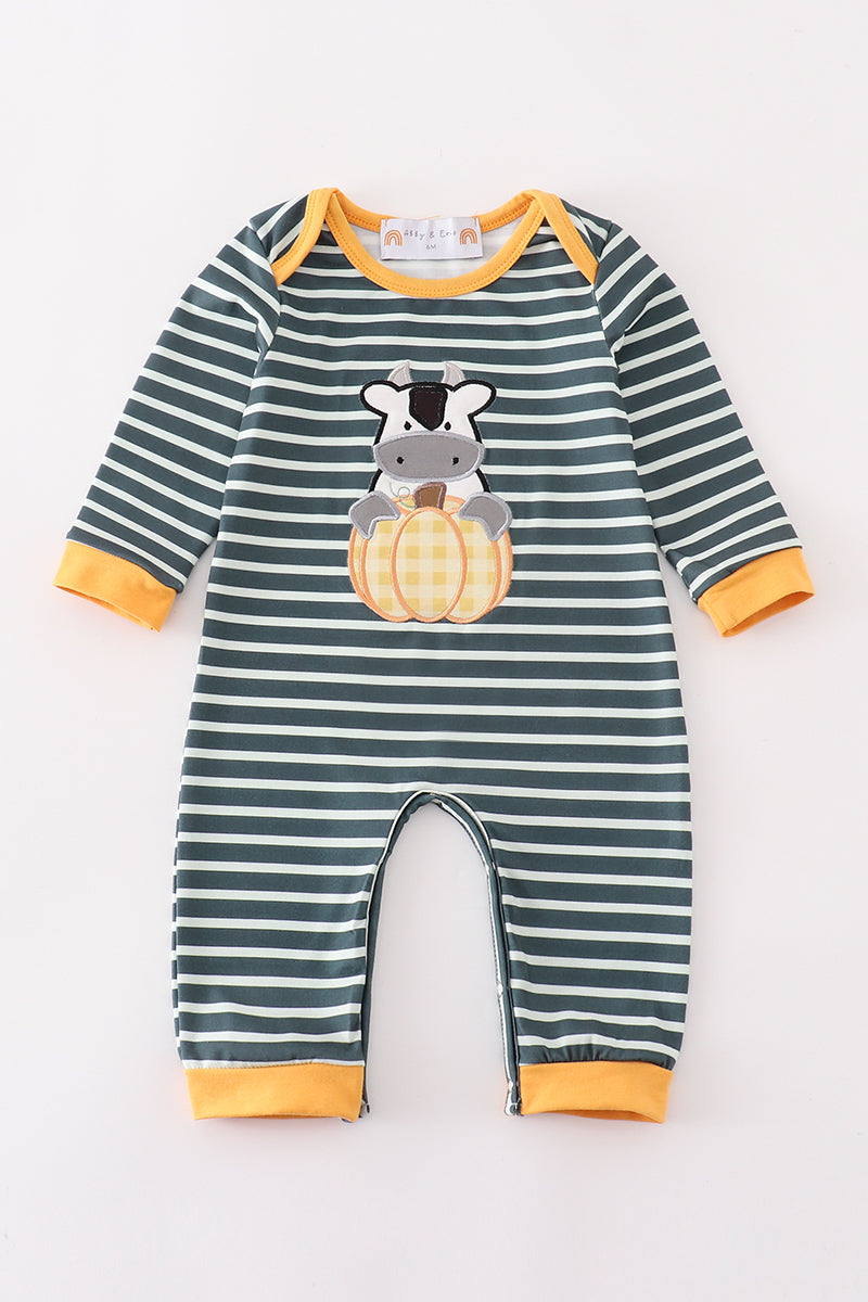 Green stripe cow pumpkin applique boy romper