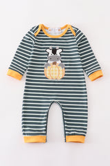 Green stripe cow pumpkin applique boy romper