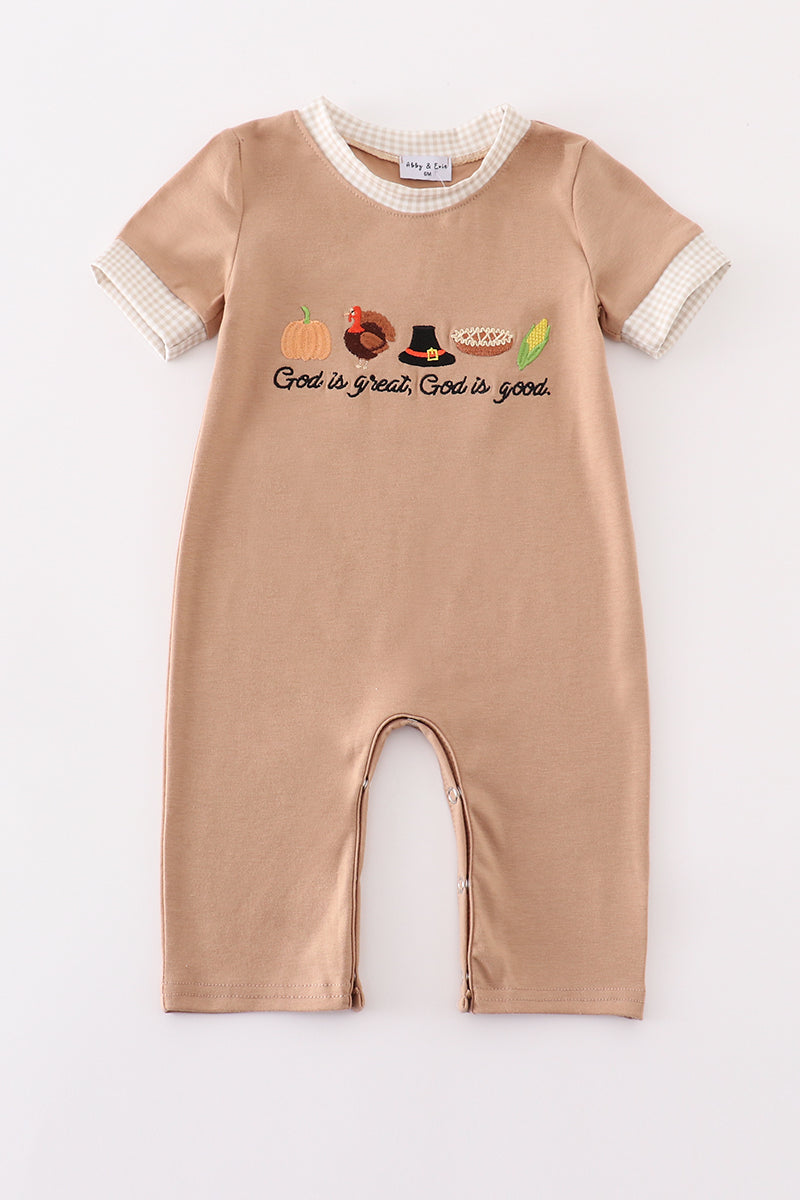 Khaki thanksgiving turkey god is great embroidery boy romper