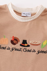 Khaki thanksgiving turkey god is great embroidery boy romper