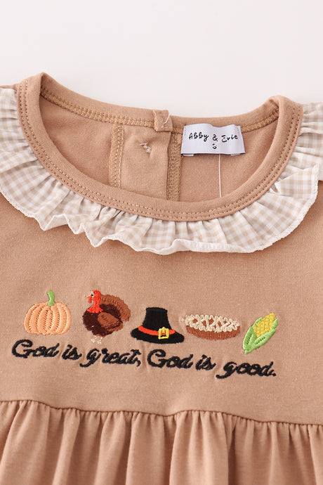 Khaki thanksgiving turkey embroidery girl set