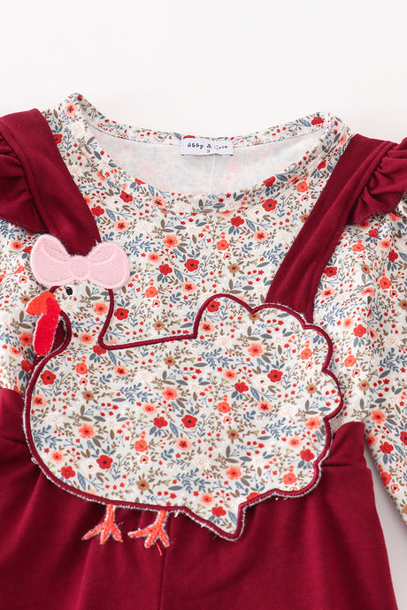 Maroon thanksgiving turkey applique floral girl jumpsuit set