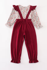 Maroon thanksgiving turkey applique floral girl jumpsuit set