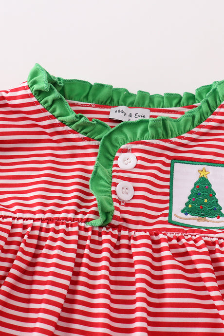 Red stripe christmas tree embroidery girl gown