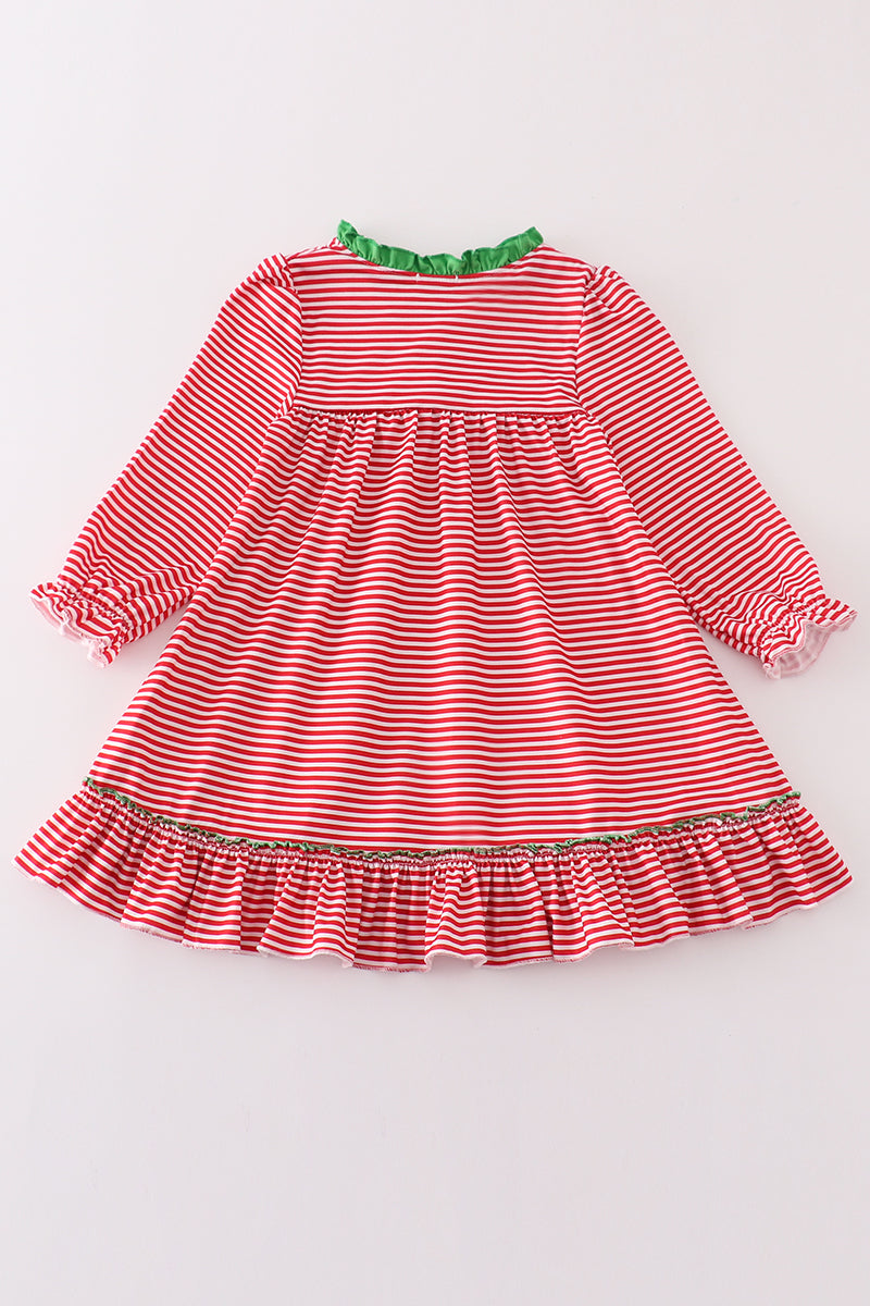 Red stripe christmas tree embroidery girl gown