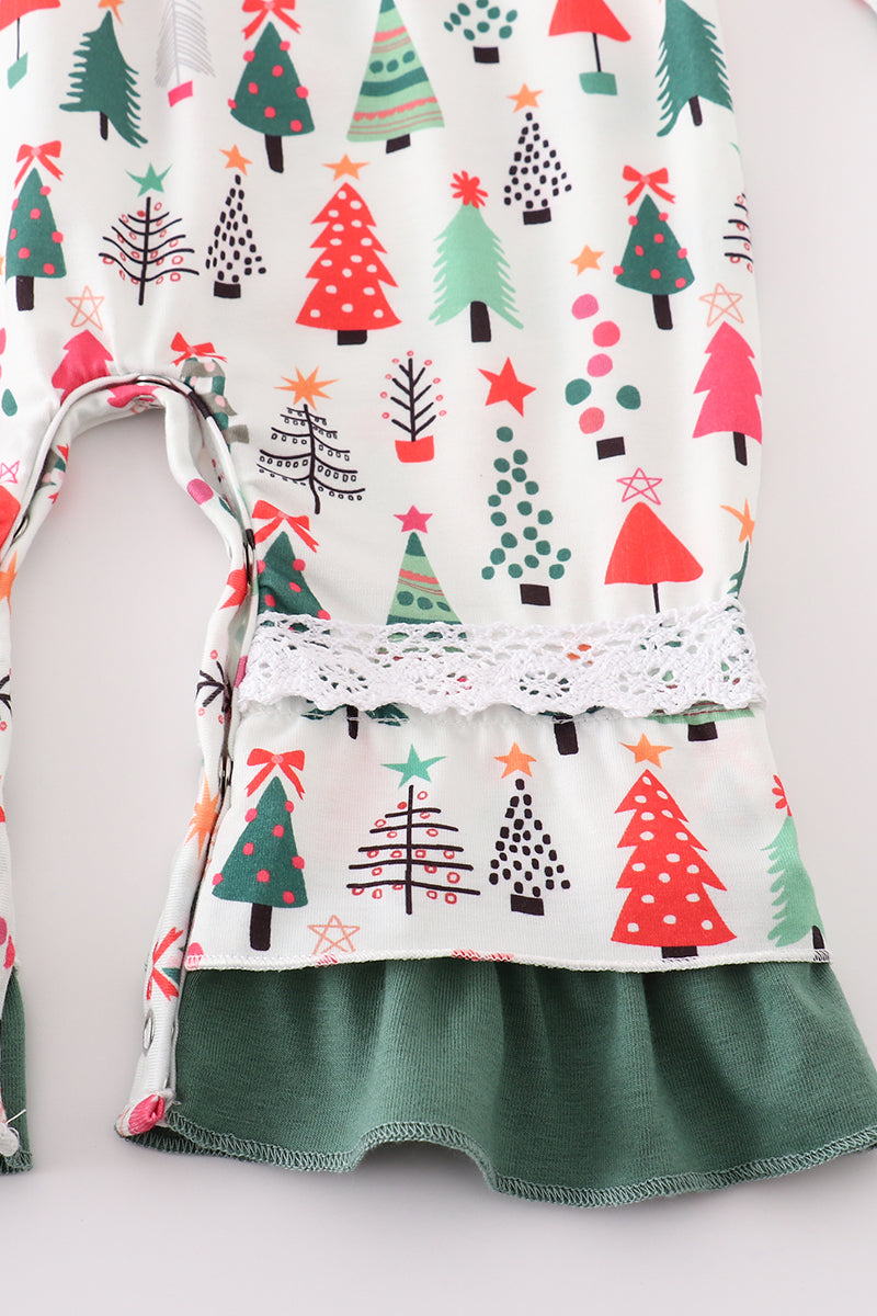 Green christmas tree print girl romper