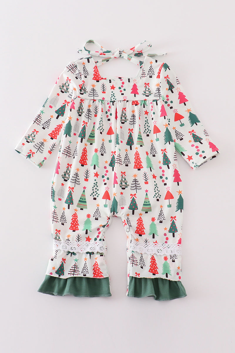 Green christmas tree print girl romper