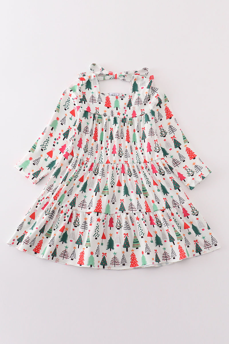 Green christmas tree print girl dress