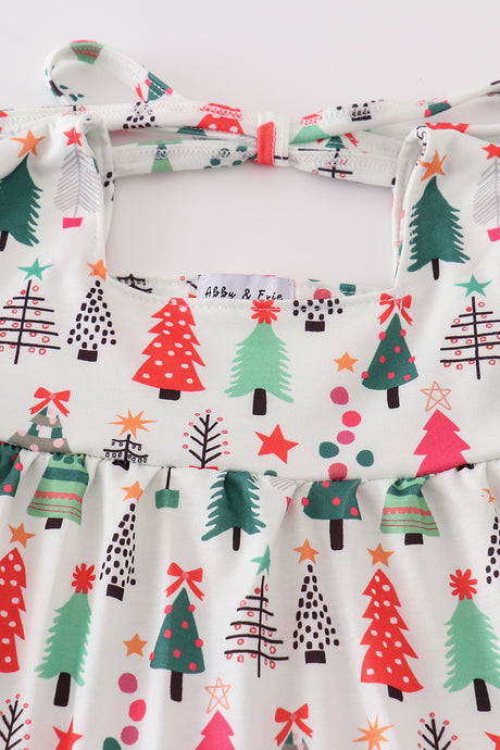 Green christmas tree print girl dress