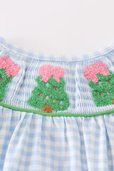 Blue christmas tree french knot smocked girl bubble