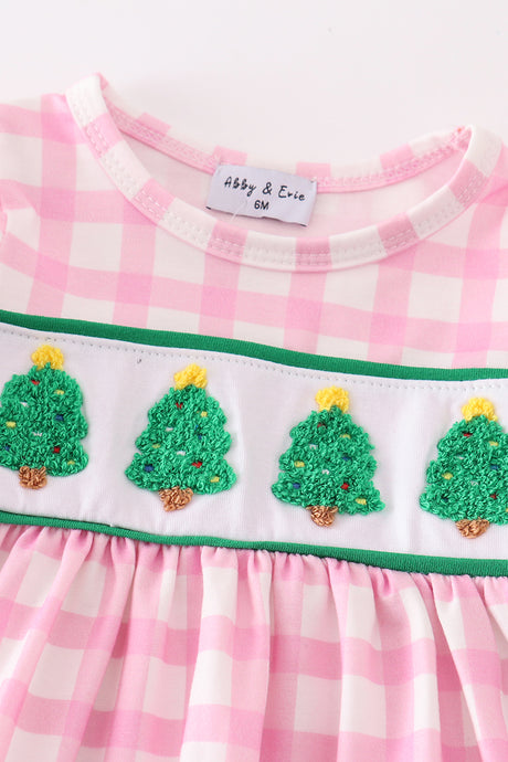 Pink christmas tree french knot baby set