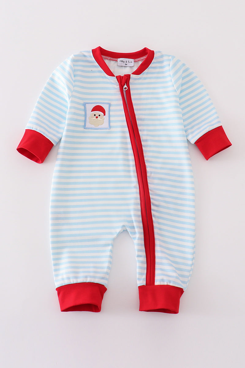 Blue stripe christmas santa claus embroidery boy romper