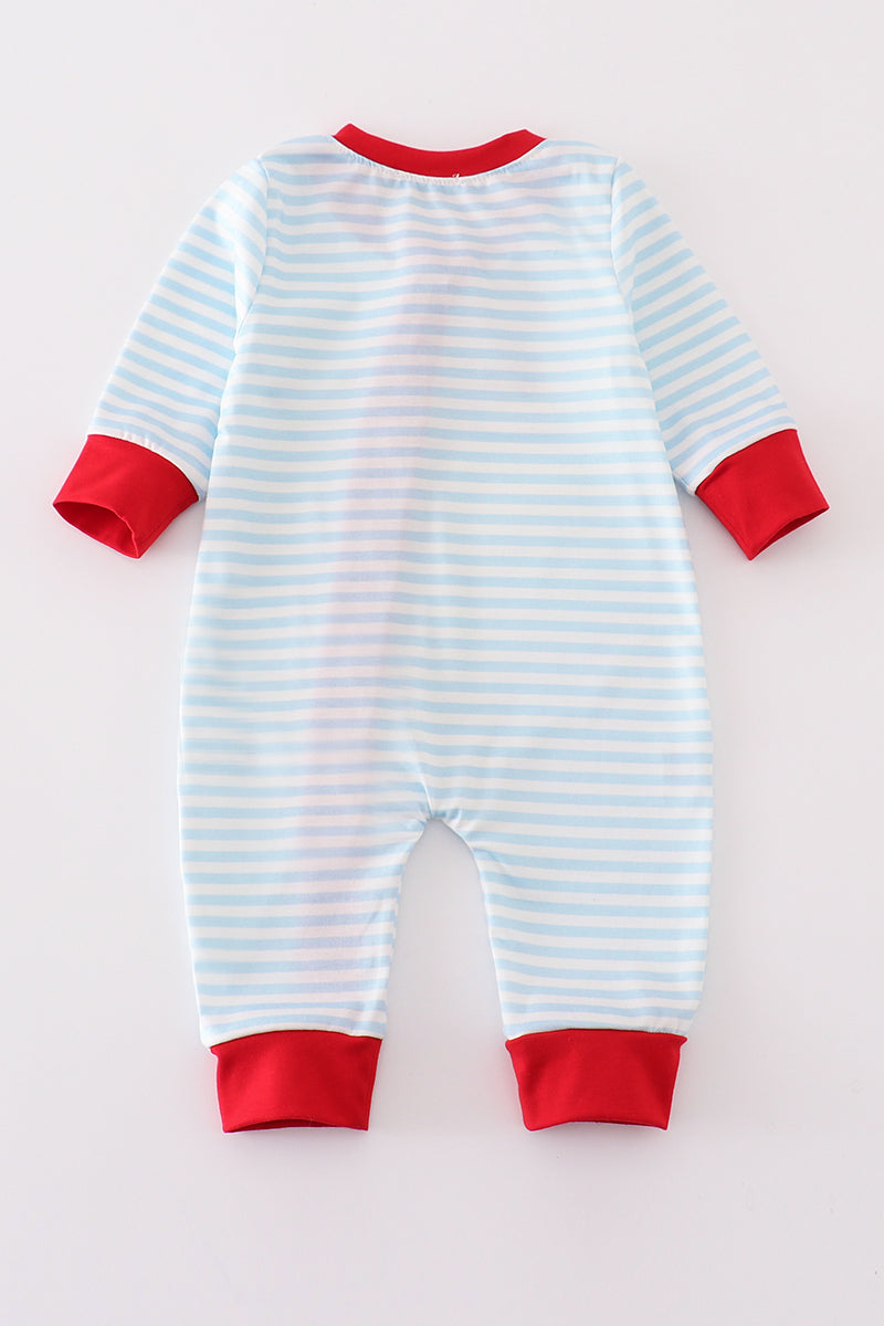 Blue stripe christmas santa claus embroidery boy romper