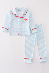 Blue stripe christmas santa claus embroidery boy pajamas set