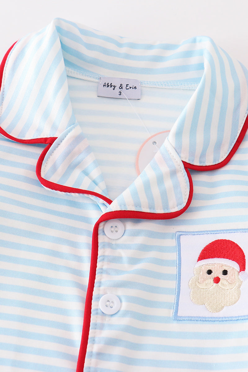 Blue stripe christmas santa claus embroidery boy pajamas set