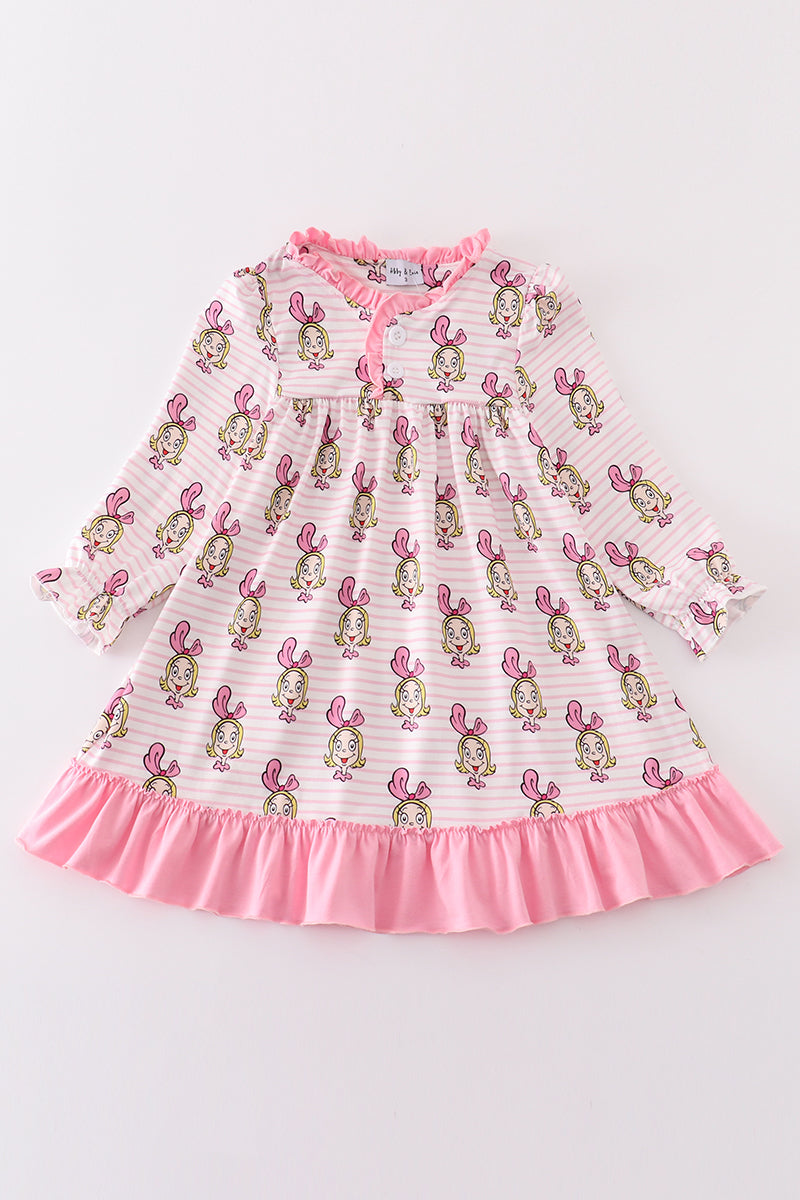 Pink stripe cindy lou who print girl dress