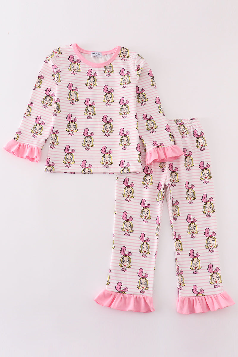 Pink stripe cindy lou who print girl pajamas
